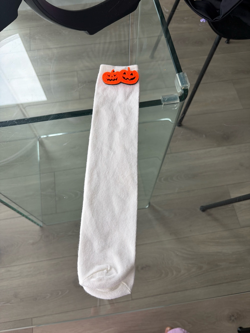 White Knee-High Socks with Orange Pumpkin Appliqué